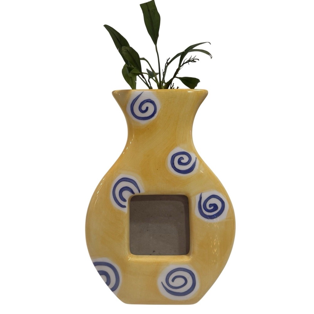 Vintage TerraGraphics Ceramic Picture Frame Vase – Yellow & Blue Swirl – 1996